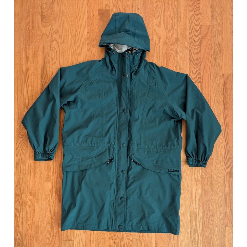 LL Bean Stowaway Gore-Tex Vintage Green Hooded Raincoat Women's Petite Medium